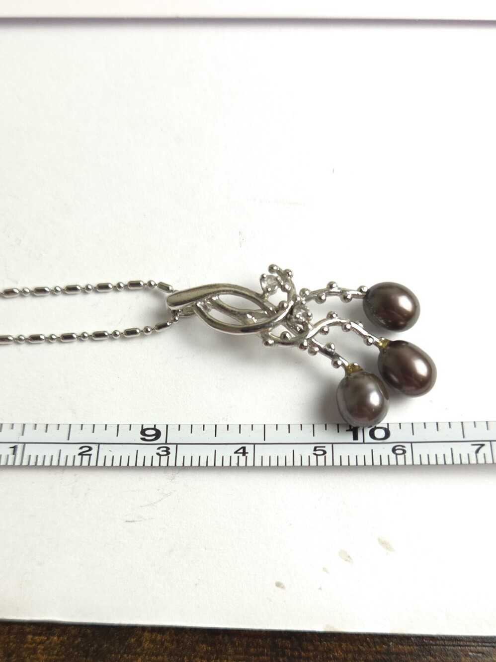 18K White Gold Plated Genuine Brown Pearl & Crystal Pendant Necklace Marked 750 - Picture 5 of 12